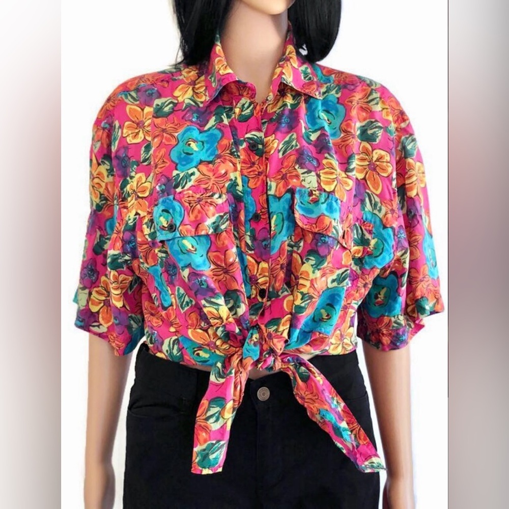 Vintage 100% silk floral blouse short sleeve button up colorful Leena Studio 2X
